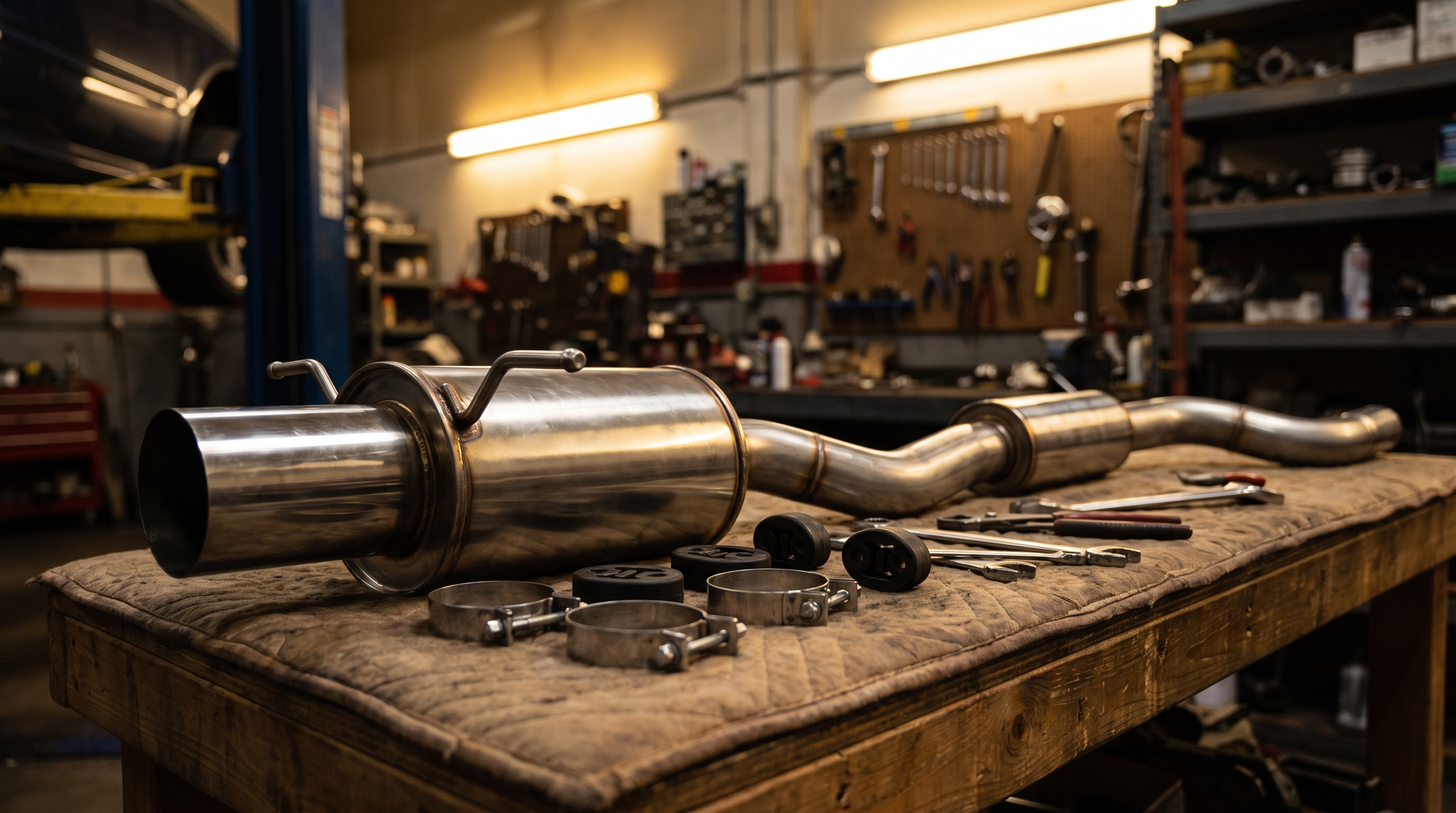 Stainless cat-back exhaust section on a workshop bench with clamps and tools