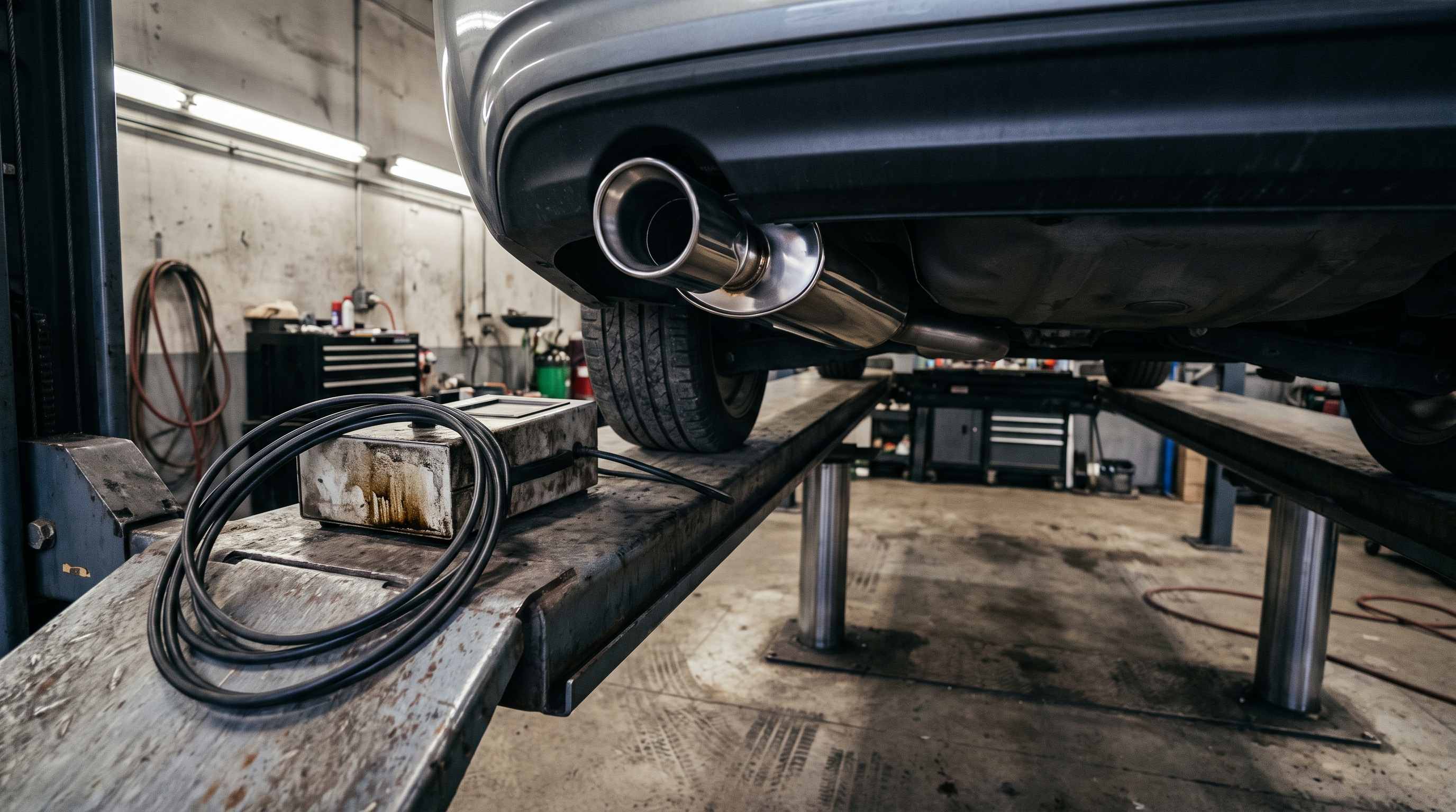 Illustration: generic exhaust system in a workshop for a guide about Stage 1 remaps and emissions