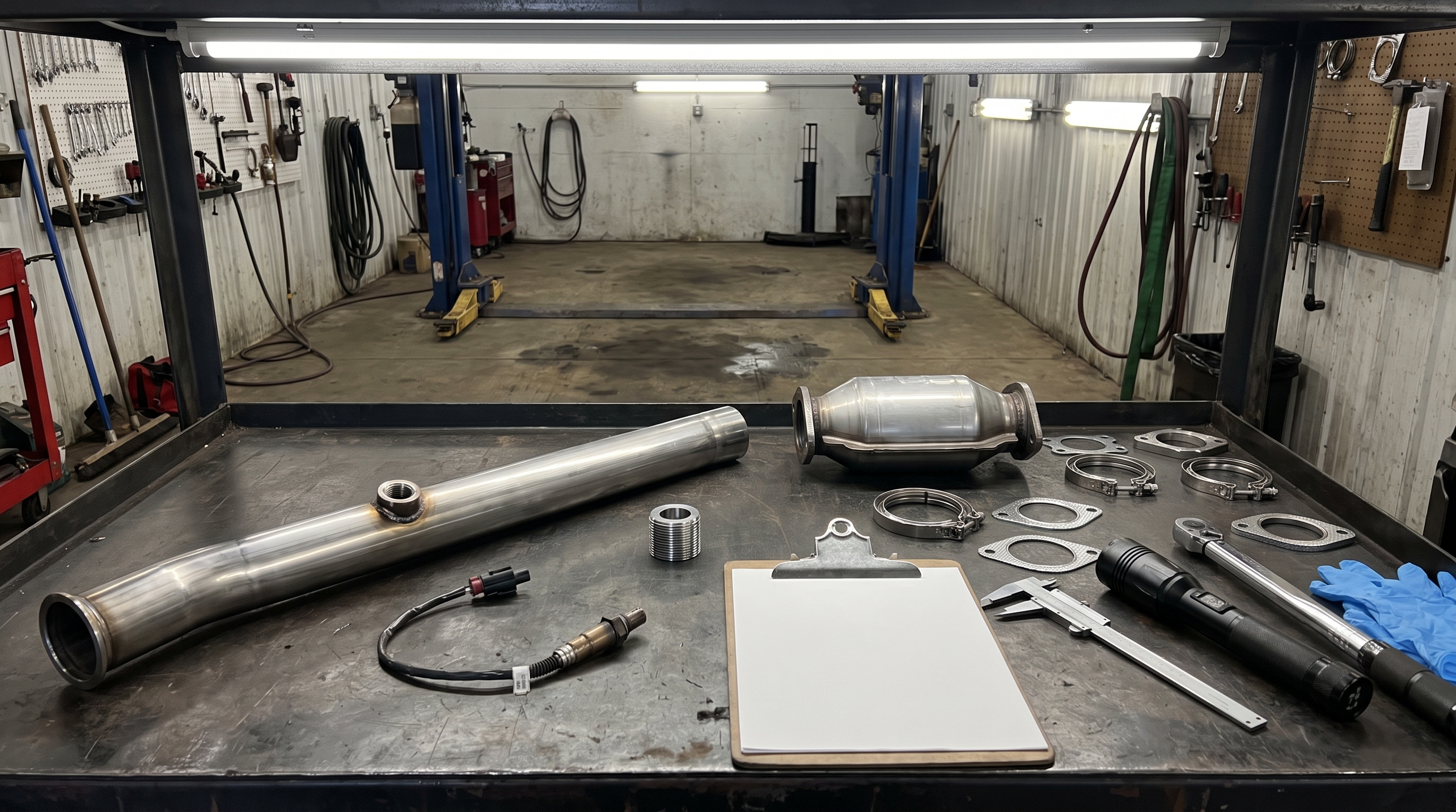 O2 sensor and exhaust spacer parts on a workshop bench