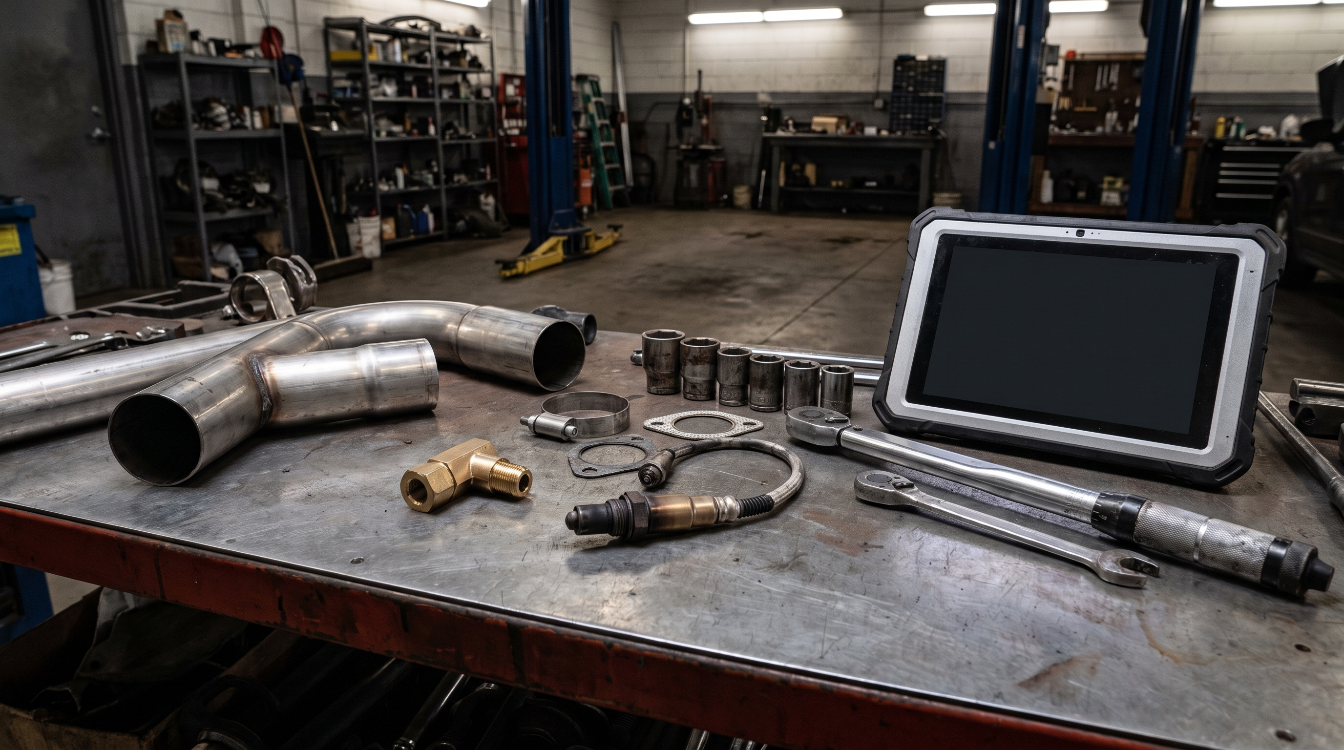 O2 sensor spacer and exhaust parts on a workshop bench