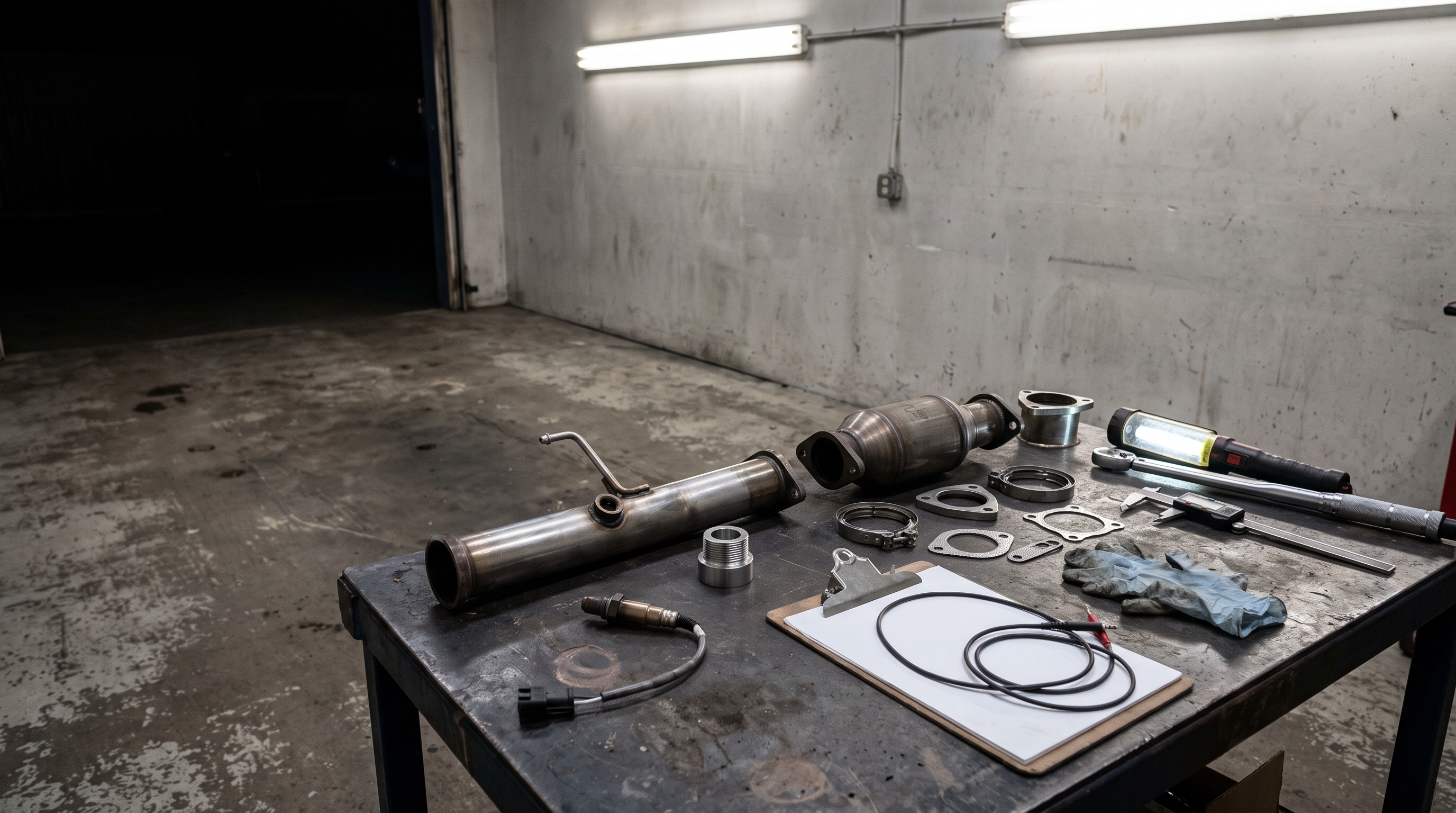 O2 sensor, spacer and exhaust parts on a workshop bench