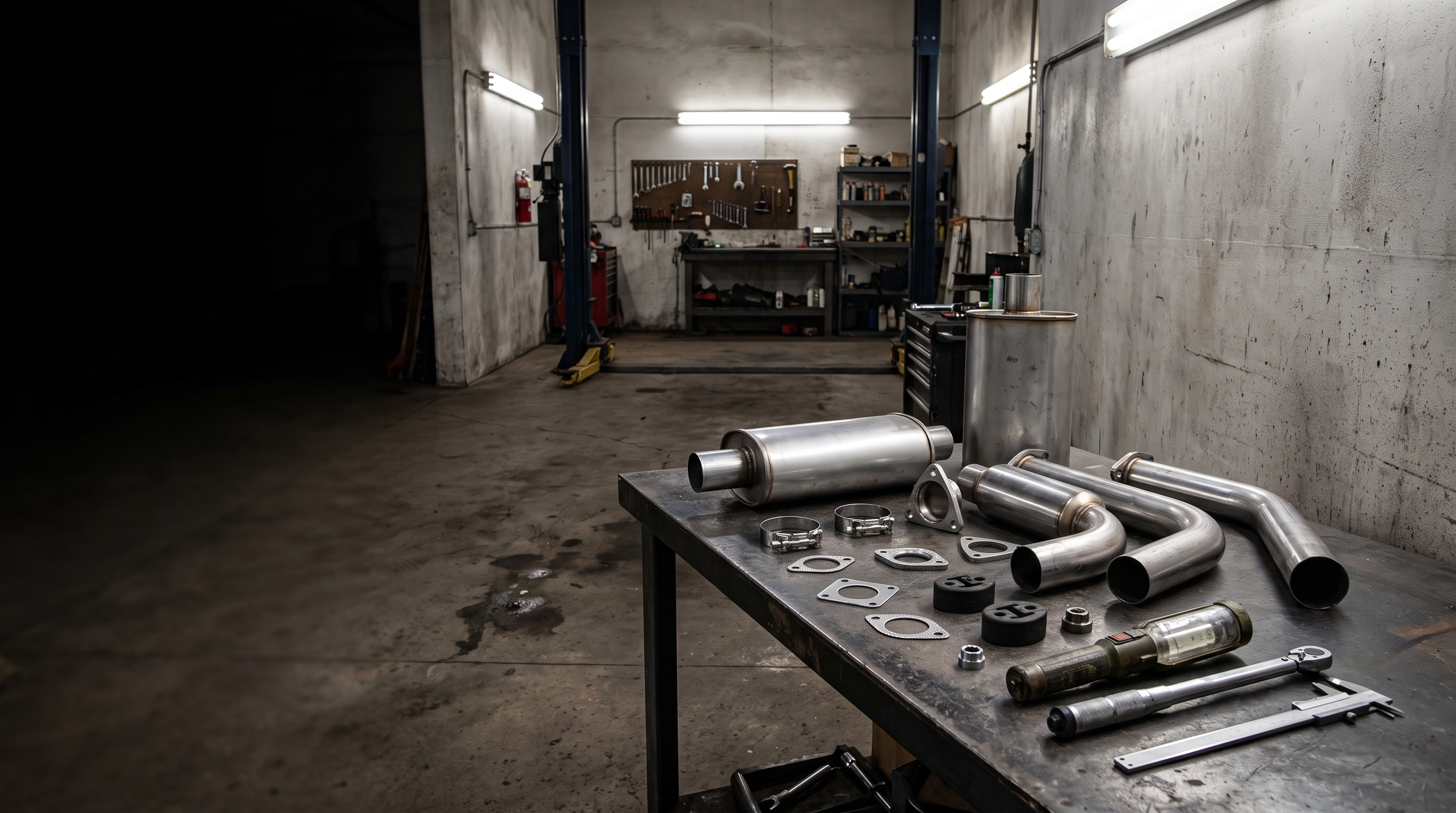 Stainless cat-back exhaust parts on a workshop bench in an empty service bay