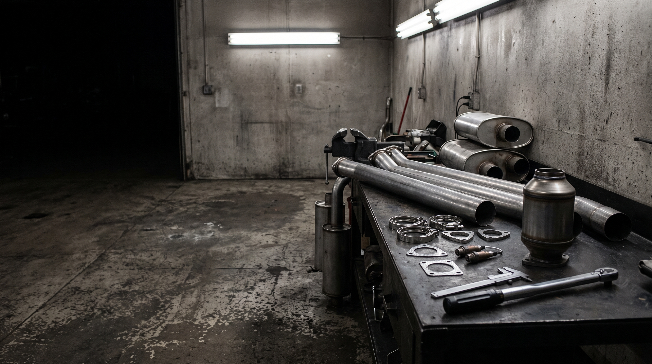 Straight exhaust pipes, mufflers and clamps on a workshop bench