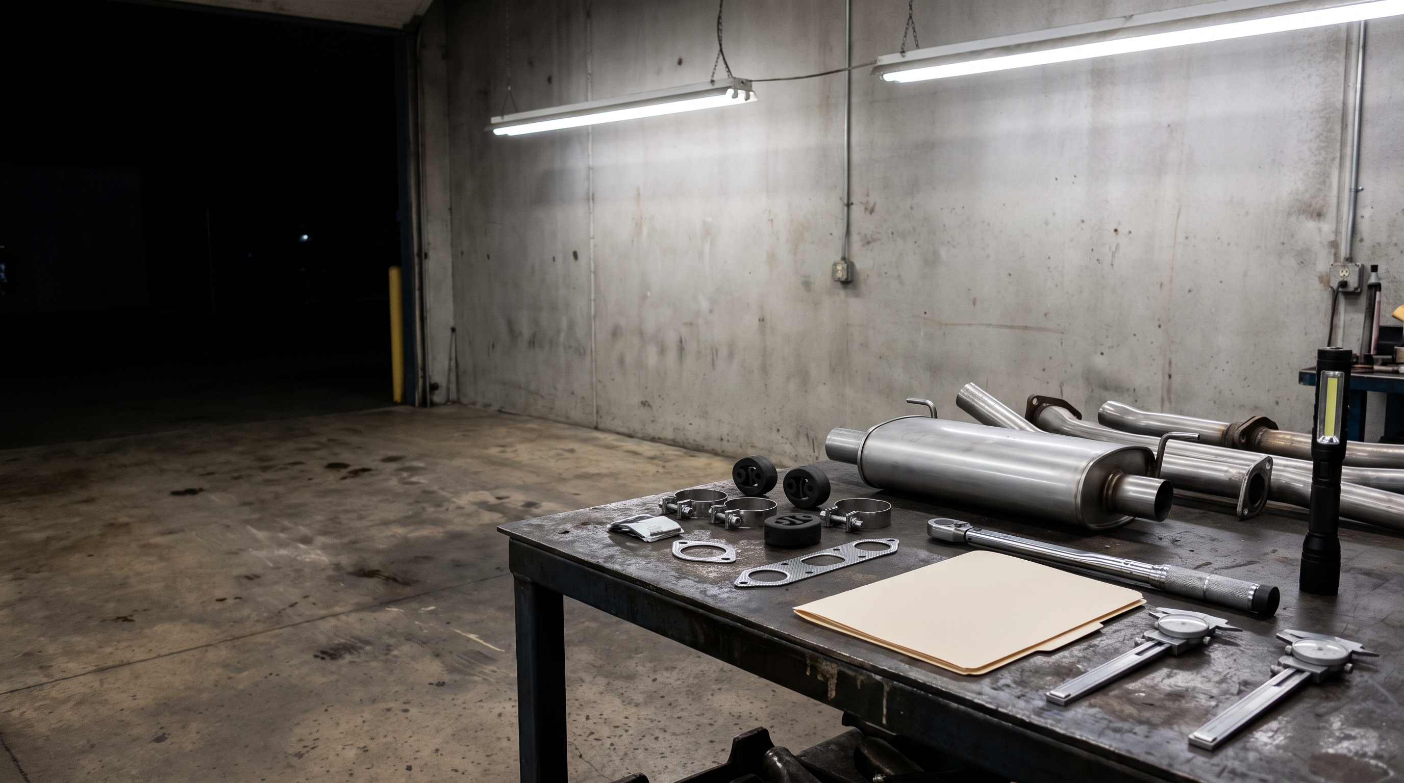 Muffler and exhaust replacement parts on a workshop bench with a blank service folder