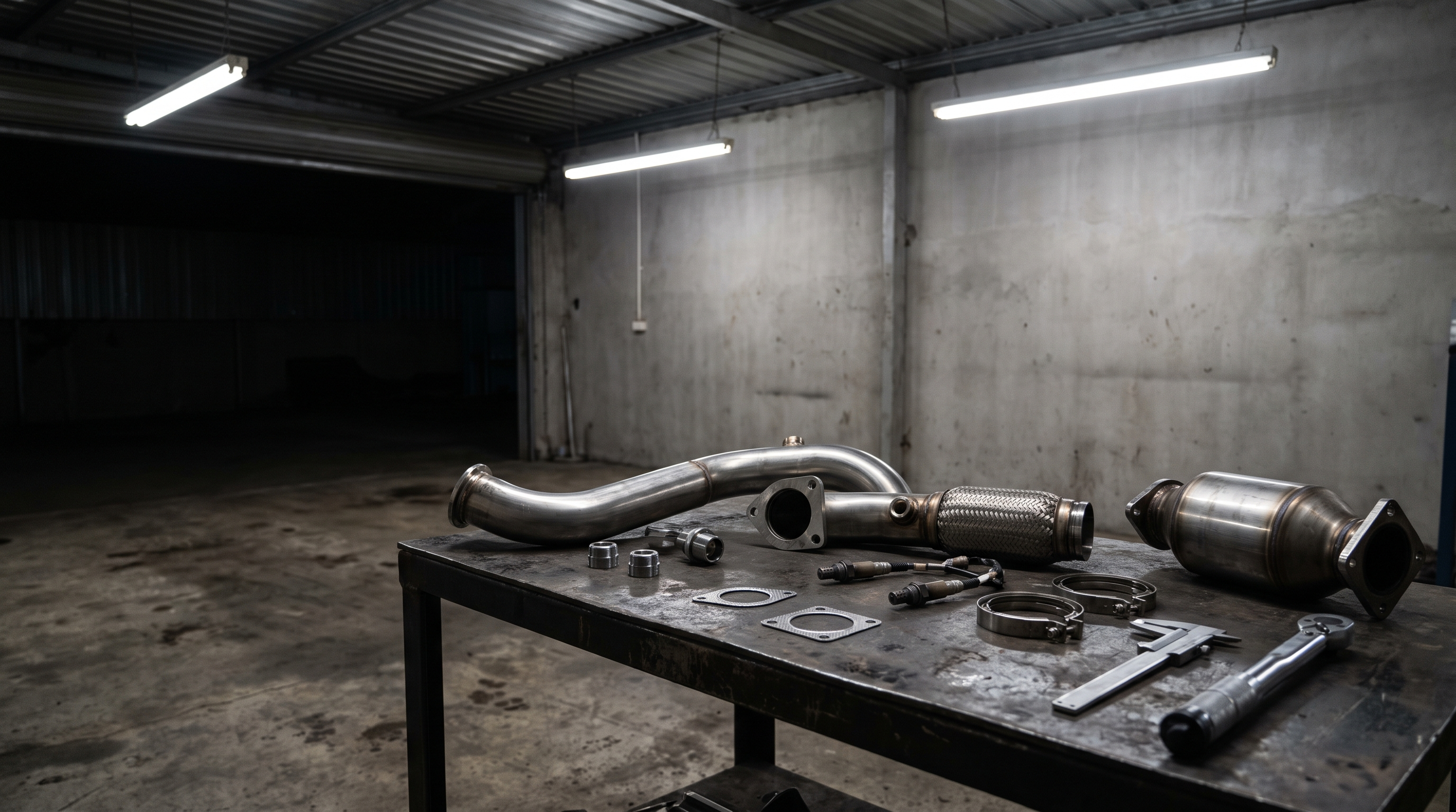 Stainless downpipe sections and oxygen sensors on a workshop bench