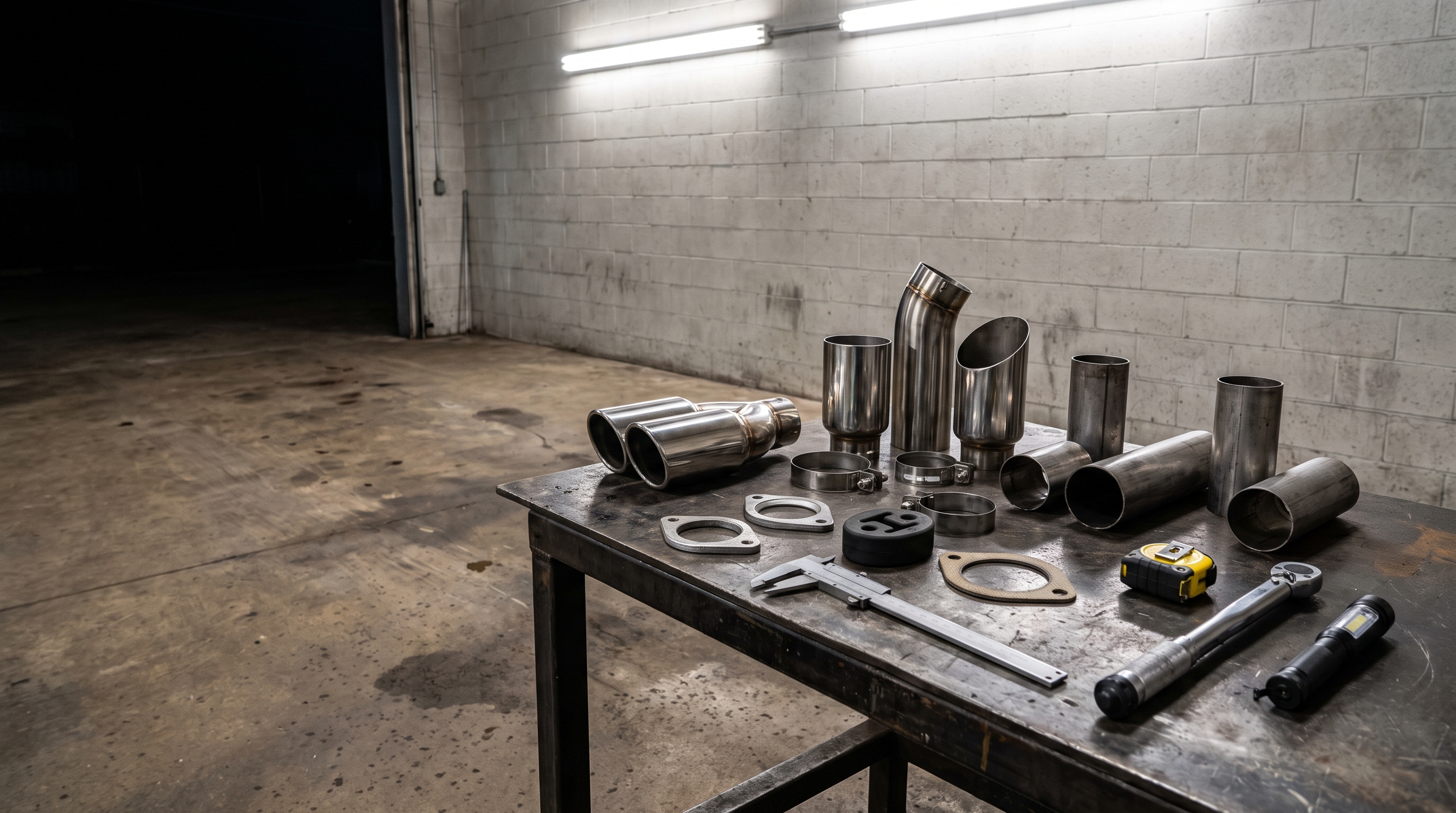 Stainless exhaust tips and pipe sections on a workshop bench