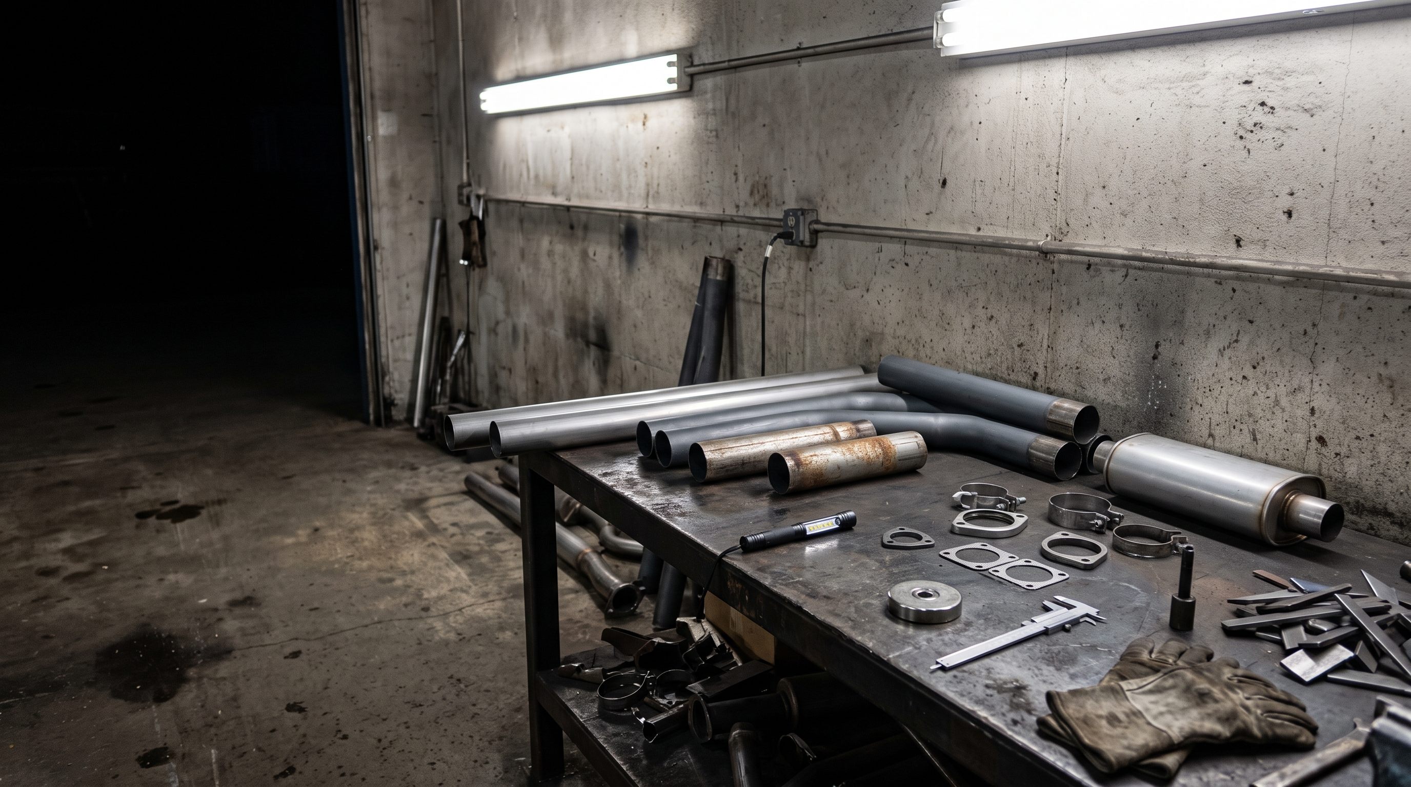 Exhaust pipe sections in different finishes on a workshop bench