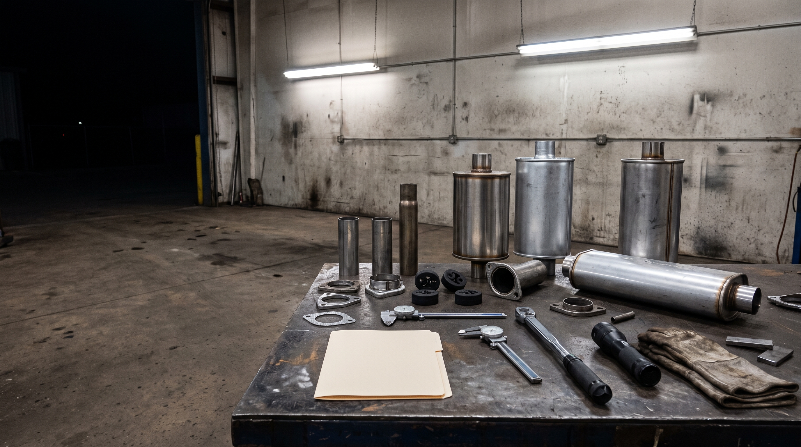 Muffler and exhaust parts in a workshop
