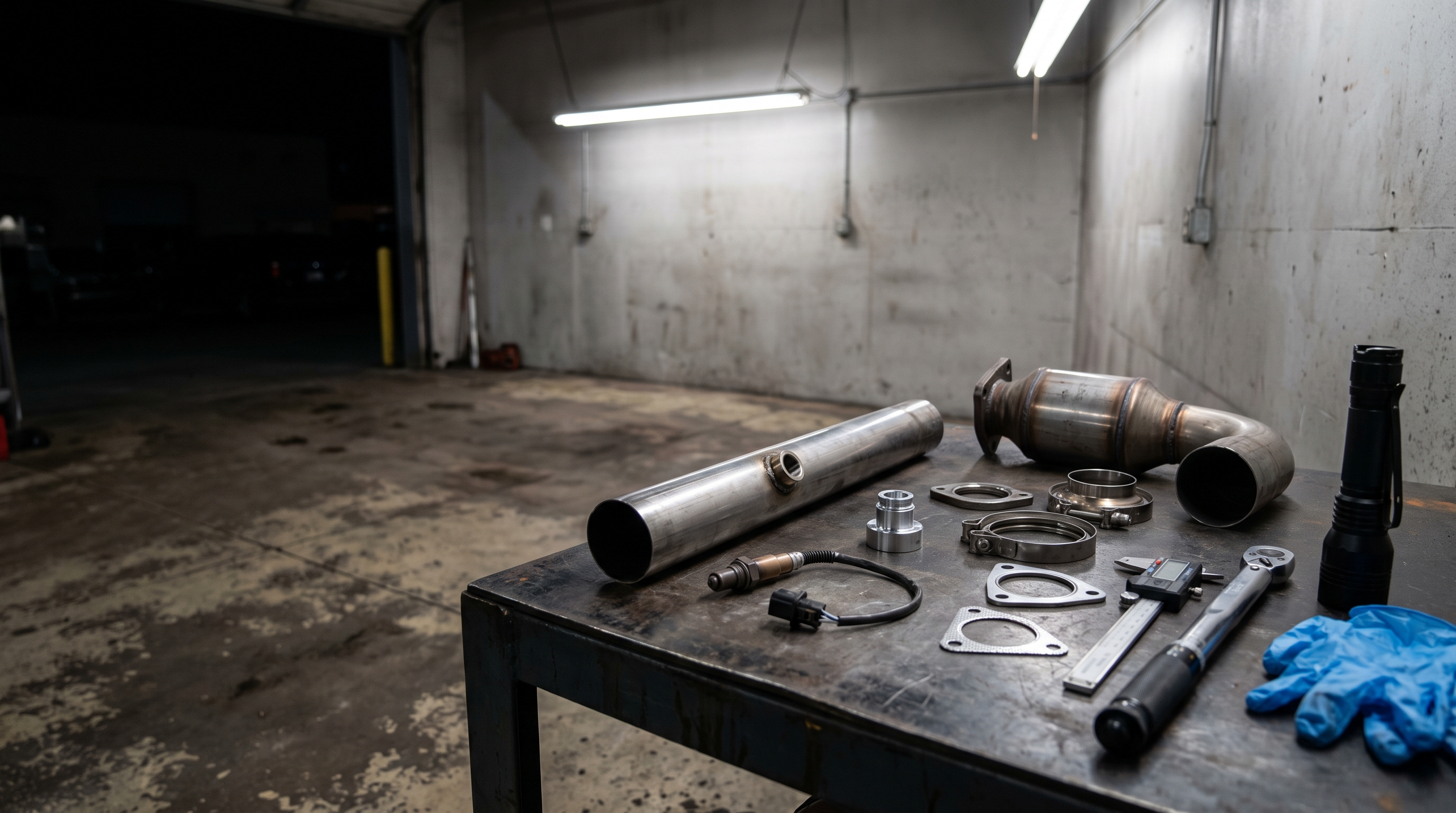 O2 sensor and exhaust parts in a workshop