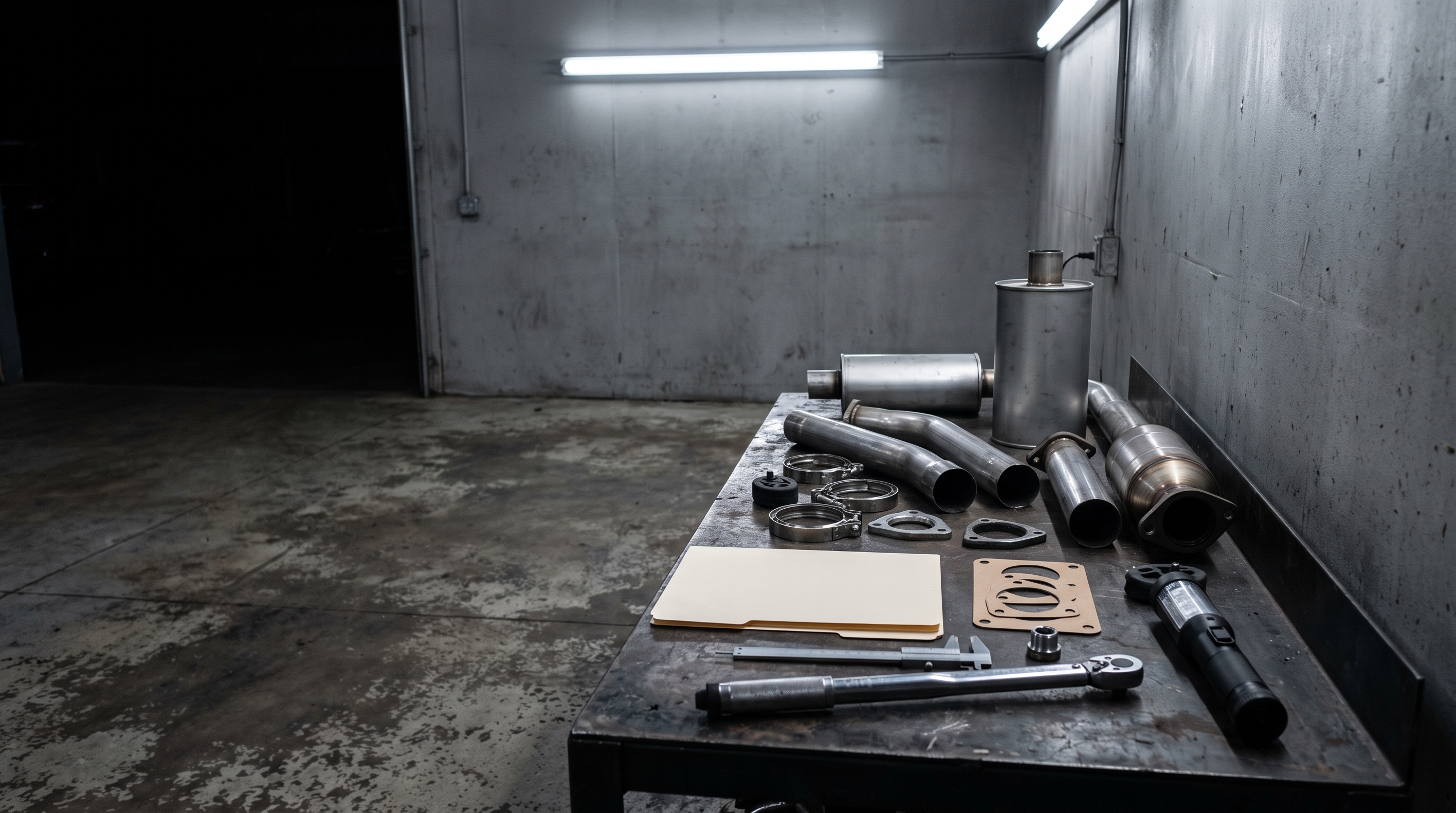 Exhaust parts on a workshop bench in an empty service bay