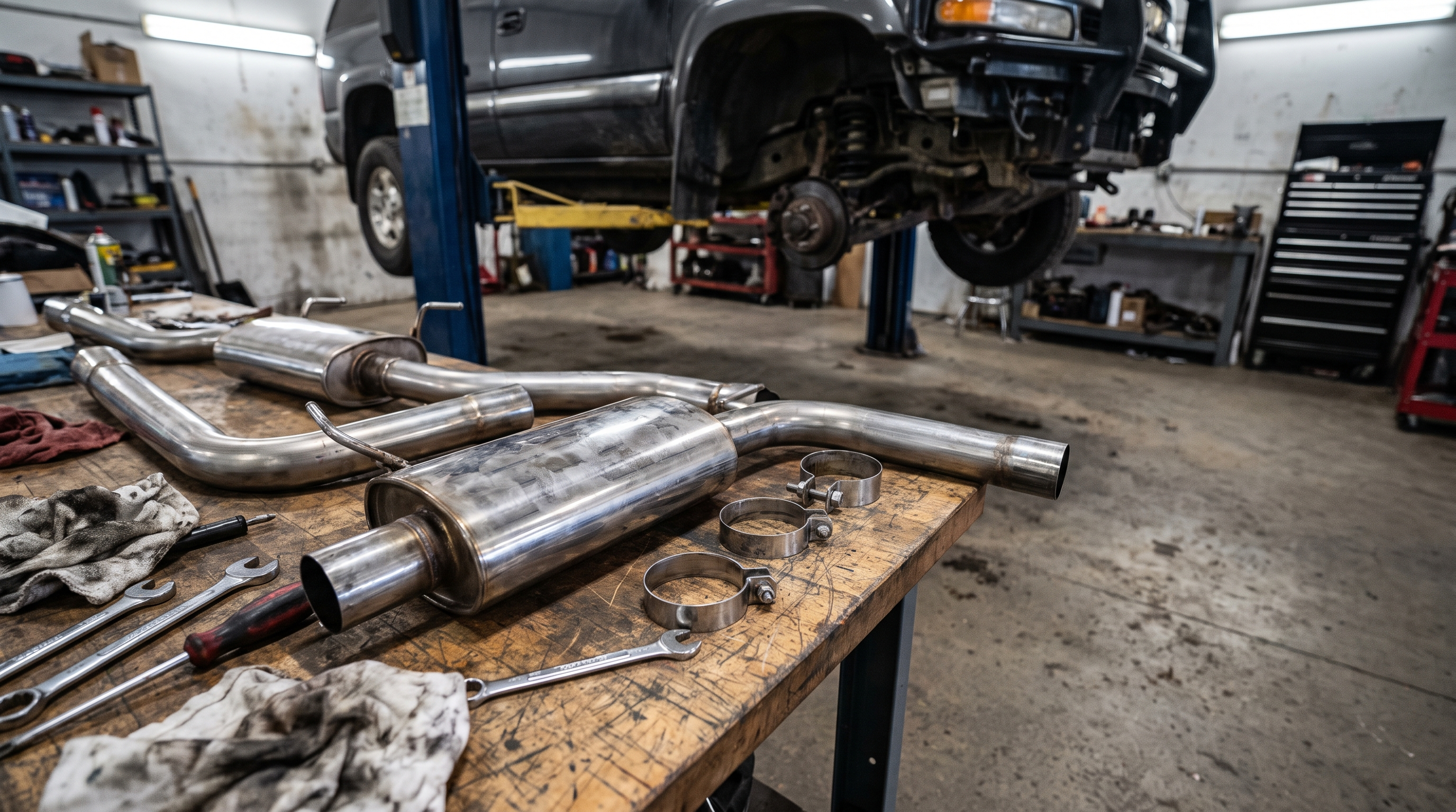 Stainless steel exhaust parts and tools on a workshop bench with a vehicle on a lift in the background