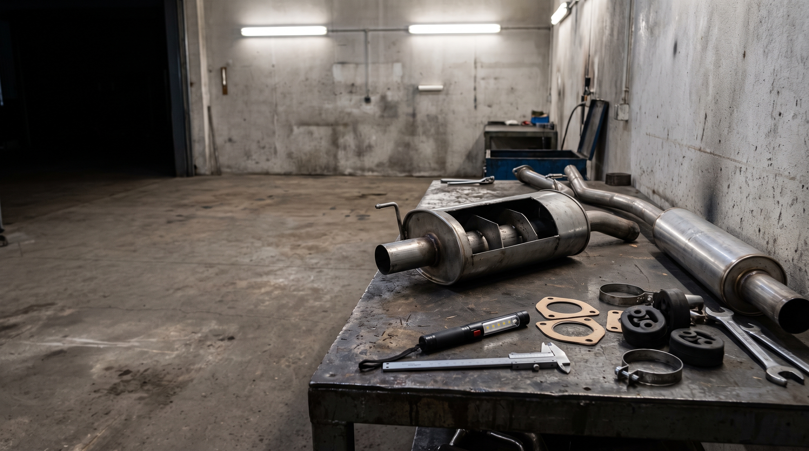 Cutaway muffler and exhaust parts on a workshop bench