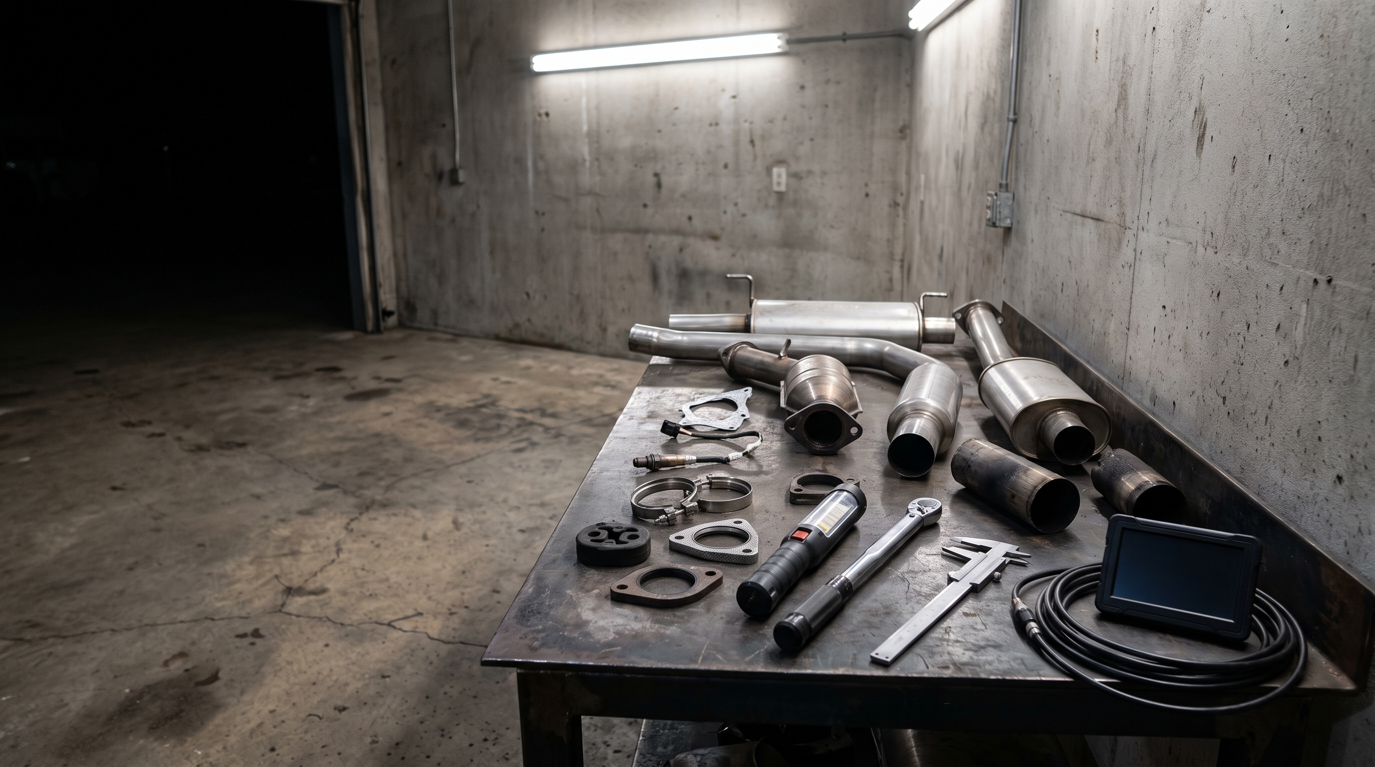 Exhaust pipes, mufflers and inspection tools on a workshop bench