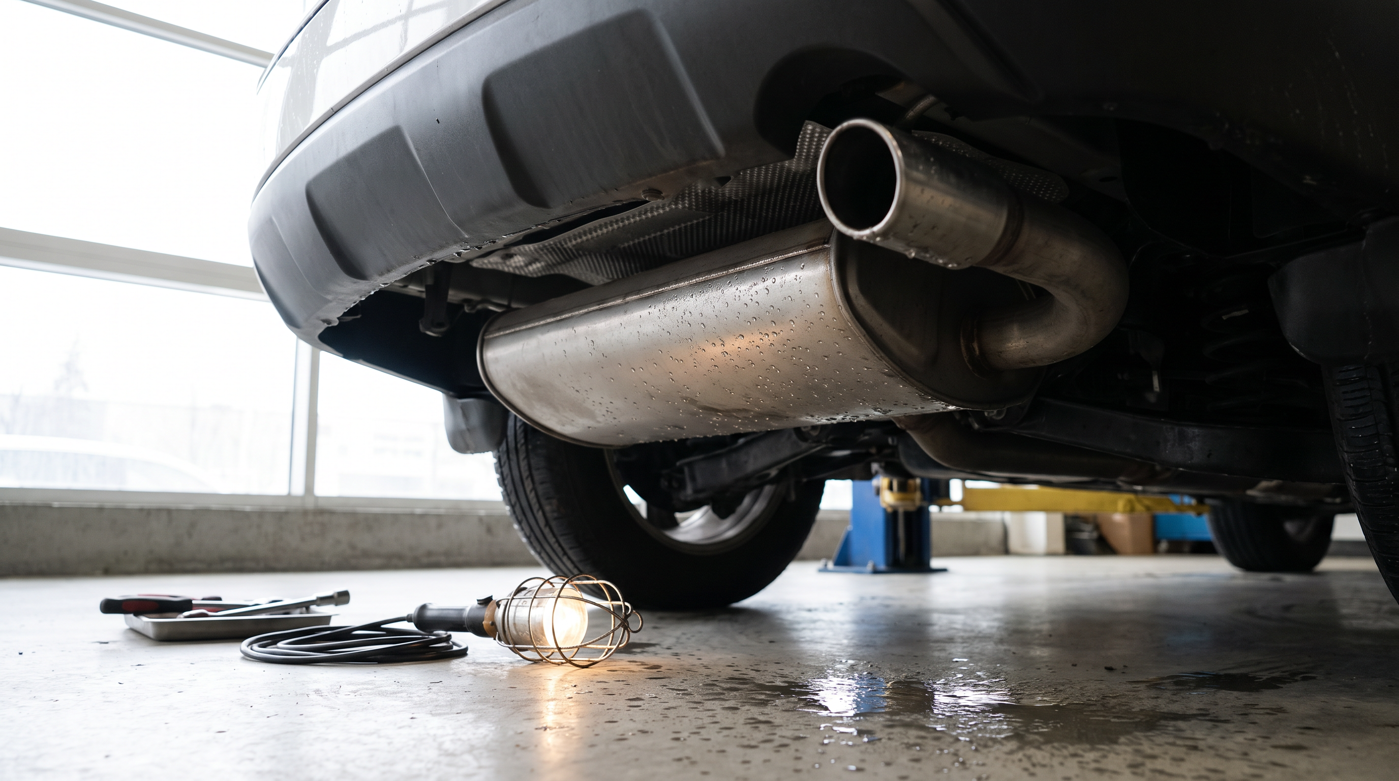 Generic muffler and exhaust pipe being inspected in a workshop with visible water droplets.