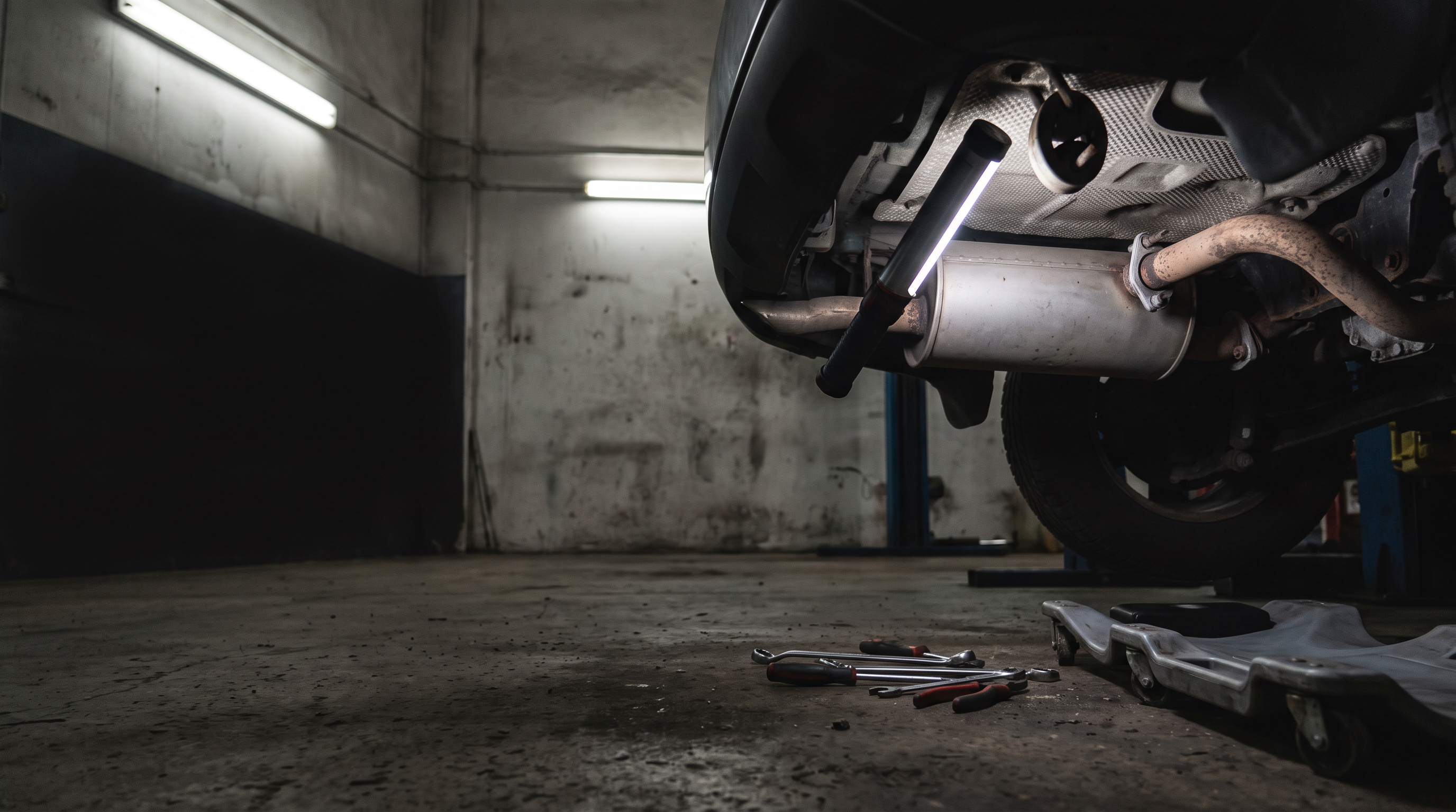 Generic muffler and exhaust hanger being inspected under a raised vehicle in a workshop